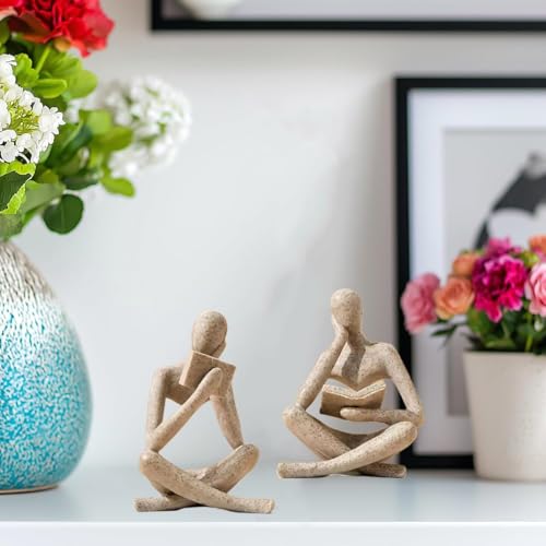 Reading Thinker Statue, Sculptures Abstract Art Ornament, Modern Aesthetic Figurine Decoration Set of 2 Status for Home Living Room Bedroom Office Shelf Table Desk Bookshelf Decor (Sandstone) - Image 5