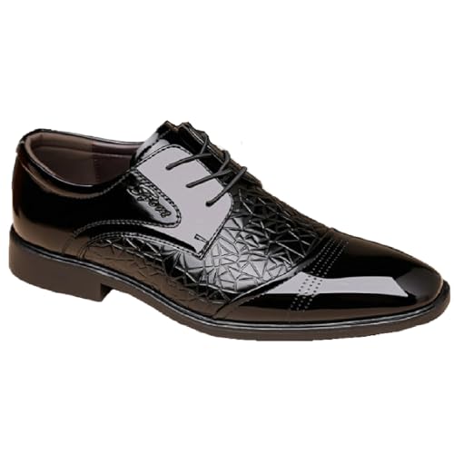 Men Patent Leather Chunky Heels Dress Oxfords Fashion Pointed Toe Plaid Lace-Up Formal Tuxedo Shoe Classical Casual Business Wedding Derby Shoes