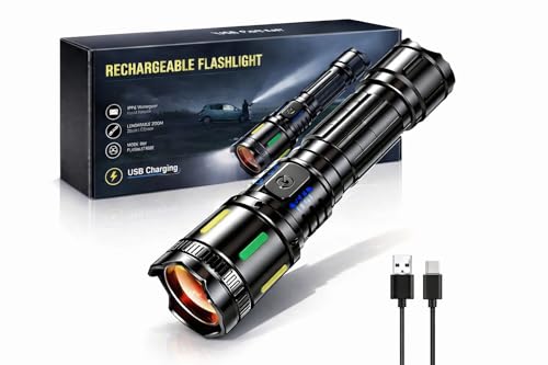 Image of Rechargeable Tactical Flashlight with Type-C | Ultra-Bright 10,000 Lumens LED Torch, Long-Range Beam, Waterproof for Outdoor Trekking & Emergency Use | M035 (Pack of 1)
