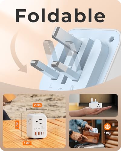 Image of LENCENT Foldable US to UK Ireland Travel Plug Adapter, PD 20W Type G Power Adaptor with 4 Outlet, USB C Fast Charger Adapter, USA to Dubai Scotland British London England Hong Kong Irish Qatar