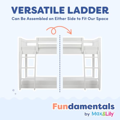 Image of Max & Lily Fundamental Twin Low Bunk Bed, Kids Solid Wood Modern Bed Frame with Strong Wooden Slats, Non-Toxic Finishes, High Weight Capacity, White