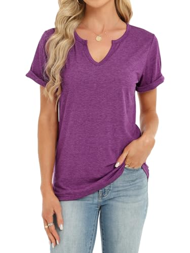 YOKGO Womens Summer Tops Fashion V Neck T Shirts Short Sleeve Shirts Casual Basic Tees Loose Fit Blouses Trendy Clothes 2026 Purple — view 2