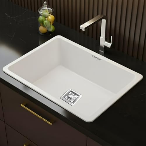 Image of BASINQU Quartz Kitchen Sink 24 x 18 x 9 Inch Granite Kitchen Sink Single Bowl White Quartz Sink for Kitchen Basin Sound Dampening Scratch Resistant UV-Protected Noise Reducing