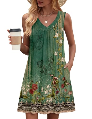 Image of Zeagoo Summer Dresses for Women 2026 Sleeveless Dress V Neck Tank Dress Pleated Floral Tshirt Sundresses with Pockets