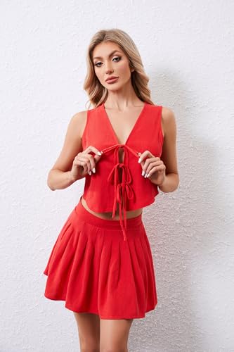 Image of Women Sexy Summer Two Piece Linen Mini Skirt Set Sleeveless Lace Up V Neck Crop Tank Top Pleated Mini Skirt