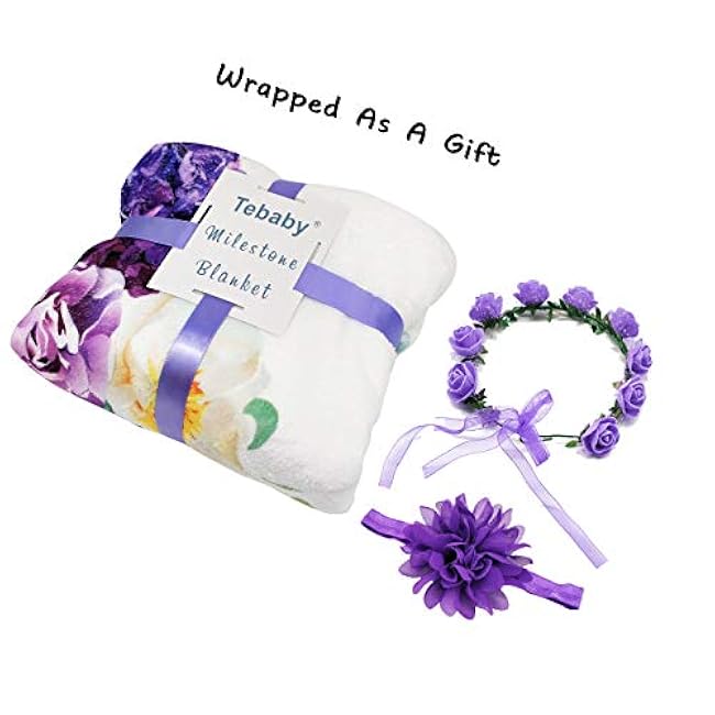 Baby Monthly Milestone Blanket Girl - Floral Newborn Month Blanket Personalized Shower Gift Soft Plush Fleece Photography Background Photo Prop Flower Rugs with Wreath Headband Large 51''x40''