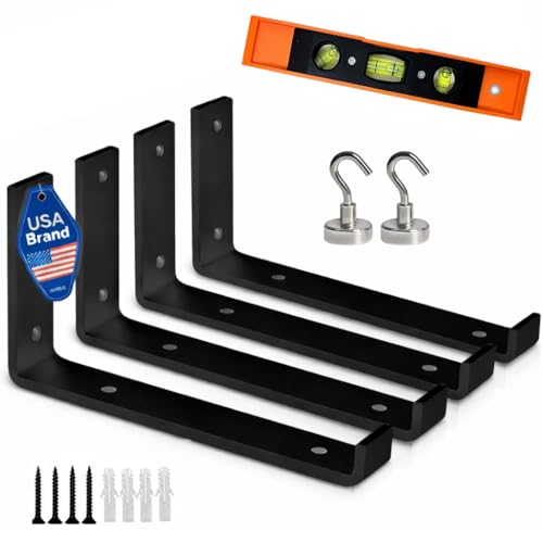 12 Inch Shelf Brackets w/ Level Tool + 2 Magnetic Hooks, Heavy Duty Black Steel L Brackets (4 Pack), 0.2 Inch Thick, Hardware Included, Wall Shelf Brackets