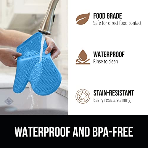 Image of GORILLA GRIP BPA-Free Soft Silicone Oven Mitts and Trivets Set of 4, Heat Resistant and Waterproof Cooking Gloves, Thick Cotton Lining, Flexible Gripping for Baking Grilling, Kitchen Potholders, Aqua