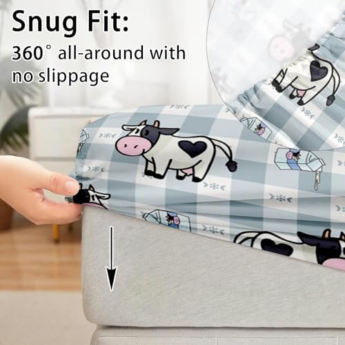 Pinbeam 4 Pcs Fitted Sheet Set Queen Size with 16\" Deep Pocket, Cute Cow Kawaii Bedding Set with Pillowcases for Kids and Adults, Blue Gingham Farm Flat Bed Sheet Set