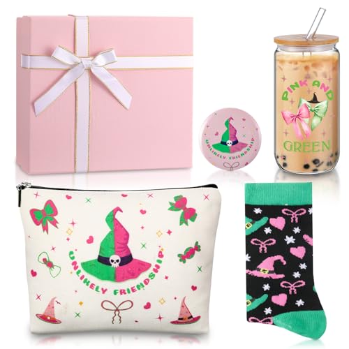 Kacctyen 5 Pcs Pink and Green Gift Set with Bow Glass Cup Socks Cosmetic Bag Mirror Box Pink and Green Themed Birthday Party Supplies Witch Stuff for Castle Fantasy Princess Witch Gifts