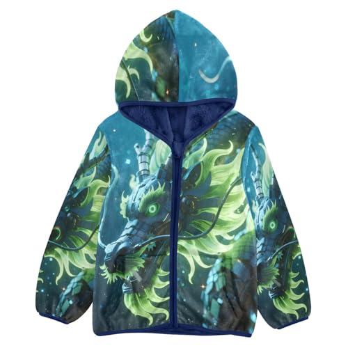 Dragon with Green Flames Toddler Fleece Jacket Girl Boys Hooded Fleece Jacket Coat Warm Outwear Zip-up 3-10T