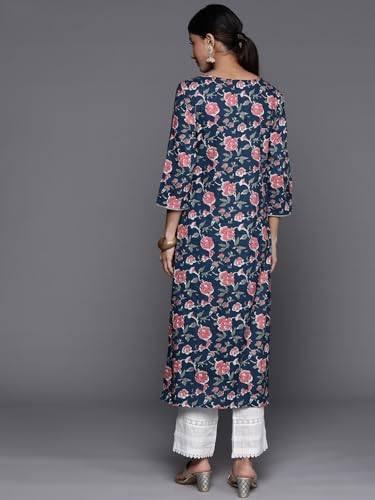 Image of Varanga Women Blue Floral Printed Kurta with V-Neck, Three Quarter Sleeves