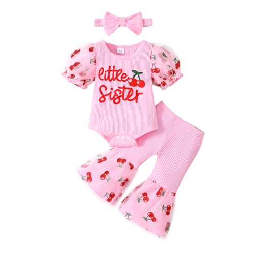 Image of Megeoly Newborn Baby Girl Clothes Infant Summer Bell Bottoms Outfits Puff Sleeve Romper Mesh Flare Pants Sets Headband