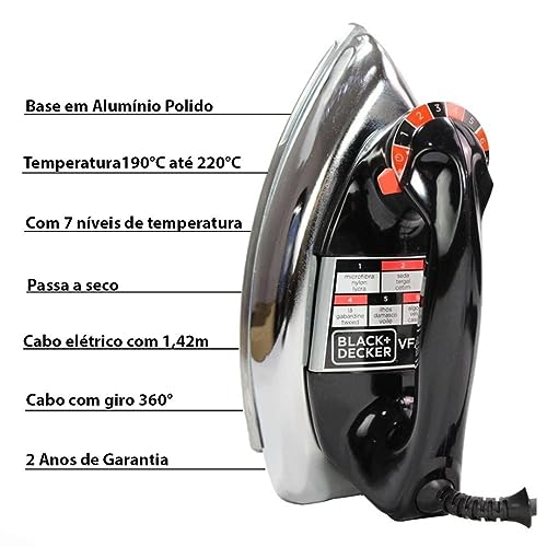 Black Decker Ferro de Passar Roupa a Seco, Metálico Preto, Modelo VFA1110XM6, 220V