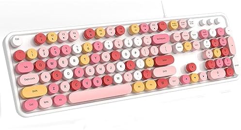Wired Computer Keyboard, Retro Typewriter Keyboard Full Size Round Key, Plug and Play USB Keyboard for PC, Laptop, Desktop, Windows (White Colorful)