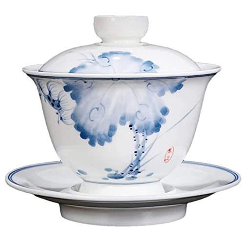ジンユアン茶行,手描きのセラミック茶碗景徳鎮青と白の磁器蓋碗