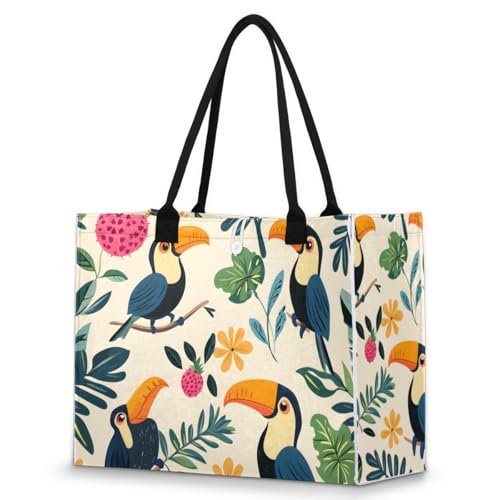 Cute Toucan Plant Tote Bag for Women Large Beach Bag Reusable Tote Bags for Work Travel Beach Shopping