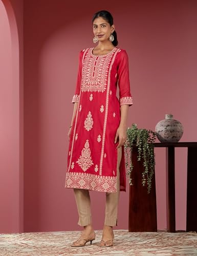 Image of BIBA Women Polyester Straight Fit Yarndyed Kurta