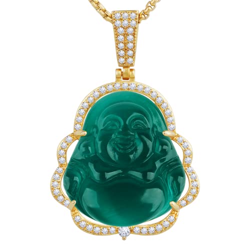 Buddha Necklace Green Jade Lucky Buddha Pendant with 14K Gold Plated Chain Luxury Bling Laughing Buddah Neckless for Women Men