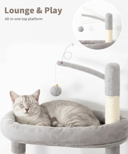 Image of 74 Inch Heavy Duty Cat Tree for Large Cats, Multi-Cat Tower with 3 Condos, Tall Cat Condo with XL Platform, Hanging Basket & Sisal Scratching Posts, PMT04GY, Grey