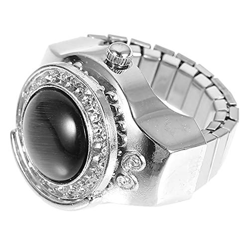 UKCOCO Fingeruhr Ringuhr Vintage Metall Unisex Quarz Flip Cover Finger Für Frauen Elastic Black Ringe Für Frauen Studenten