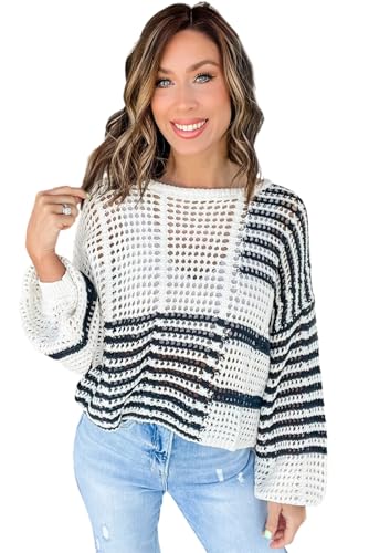 Women's White Stripe Hollow-Out Openwork Knit Puff Sleeve Sweater