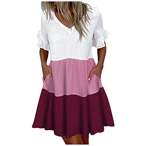 Watopia Sommerkleid Damen Kurz Elegant Sommerkleid,Lässiges Kurzarm Strandkleid Rüsche V-Ausschnitt Kleider Boho Drucken Vintage Casual Lose Kleid Festkleid Partykleid mit Klein Taschen Festkleid Cover