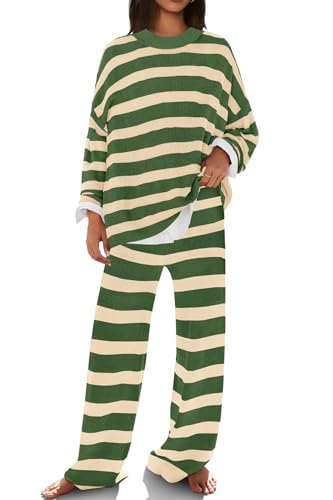 Image of SENSERISE Womens Striped Set Sweater Lounge Sets | Pajamas Set, Loungewear Set, Oversized Knit Sweater, Wide Leg Pants with Pockets, Fall Outfits, Pants Set