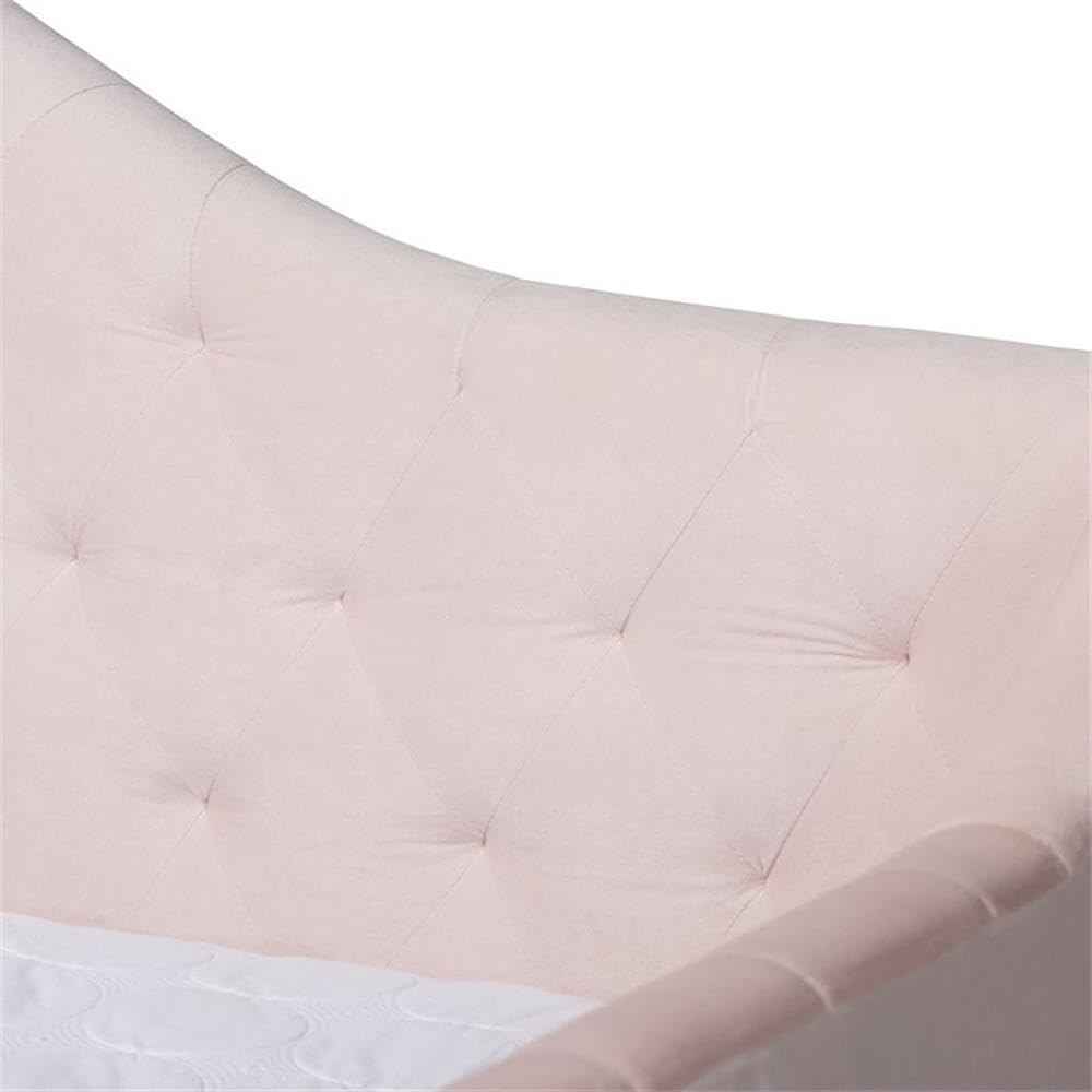 BOWERY HILL Contemporary Velvet Upholstered Queen Daybed, Pink Finish, Solid Rubberwood and MDF Construction, Button Tufted, Tapered Feet, Stylish Bedroom Furniture