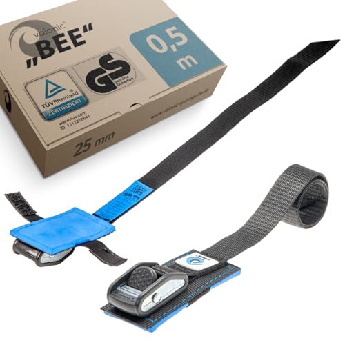 valonic BEE - 2X 0,5m Spanngurte kurz mit Polster, Blaue Fahne, 25mm, 500kg, TÜV Rheinl. / GS Zertifiziert - Klemmschloss, schwarz - Spanngurt für Fahrradträger, Dachbox, Fahrrad, Bike, Zurrgurt