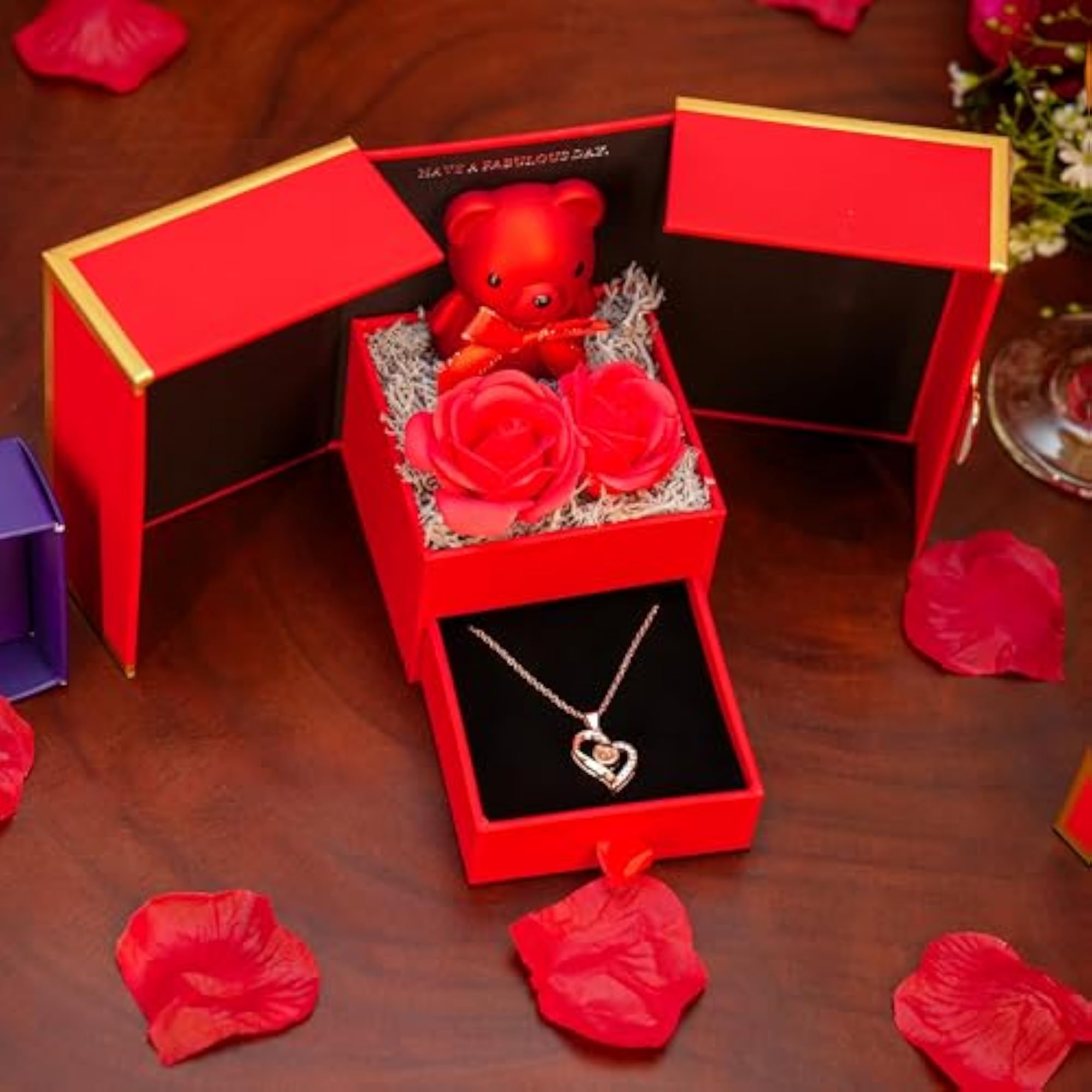 Teddy Rose Box with Heart Necklace, I Love You in 100 Languages