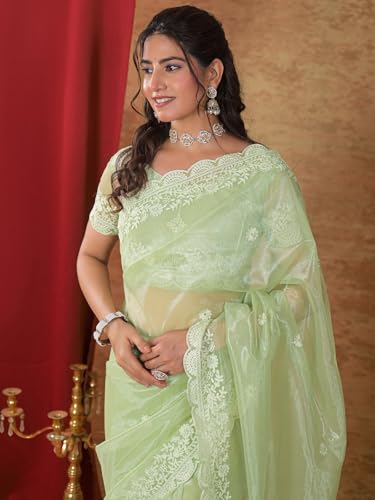 Image of Satrani Women's Net Embroidery Saree with Unstitched Blouse Piece