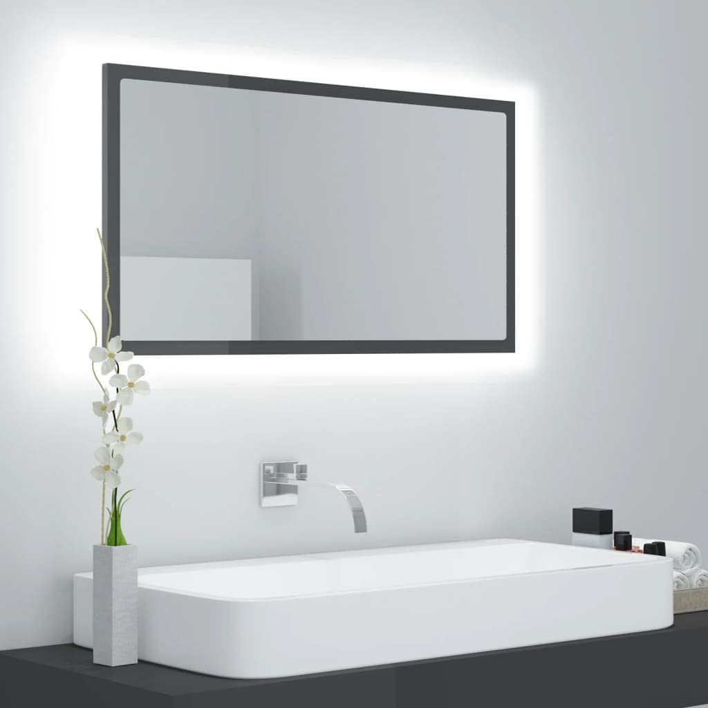 Lustro łazienkowe LED, wysoki połysk, szare, 80 x 8,5 x 37 cm, akrylowe, szafki i przechowywanie, szafki pod umywalkę, szafki łazienkowe