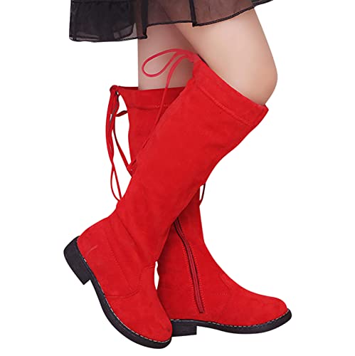 Girls' Boots Lace-Up Zipper Winter Boots Kid's Leather Knee High Fashion Boots 3-12 Years (Red, 9-9.5 Years Big Kids)