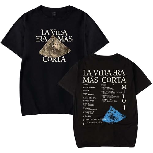 Milo J La Vida Era Mas Corta Merch - Camiseta unisex informal de manga corta con cuello redondo, Negro, L