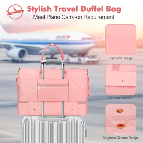 Wedama Travel Duffel Bag, Large Weekender Bag for Women with Shoe Compartment, Carry on Overnight Bag with Toiletry Makeup Bag, Gym Duffel Bag Travel Tote Bag for Travel Gym Camping Hospital, Pink by Wedama - Image 6