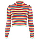 Autumn and Winter Sweaters Keep Warm, Womens Autumn Long Sleeve Turtleneck Sweater Colorful Rainbow Stripes Short Crop
