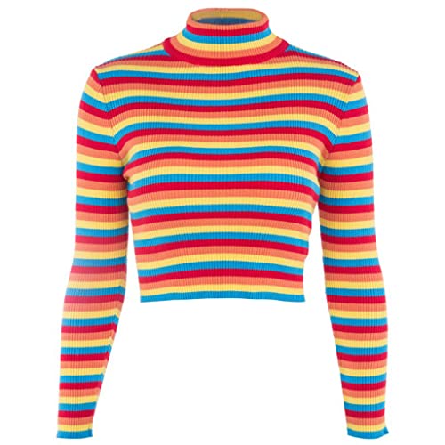 Autumn and Winter Sweaters Keep Warm, Womens Autumn Long Sleeve Turtleneck Sweater Colorful Rainbow Stripes Short Crop