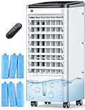 CENSTECH Windowless Portable Air Conditioners w/6Ice Packs, 4Modes&3Speeds, 600Sq.ft Swamp Cooler, Dual Tank for 15H Cooling, 12H Timer, 26Ft Remote, 65°Swing Evaporative Air Cooler for Bedroom Indoor