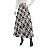 Women Plaid Skirt with Pockets Midi Length High Elastic Waisted Skirts Vintage A Line Skirt Fall Winter Skirts for Work Blue 4XL
