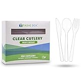 TashiBox [150 Plastic Cutlery Set] 50 Disposable Clear Forks, 50 Disposable Spoons, 50 Disposable Knives, Heavyweight Cutlery