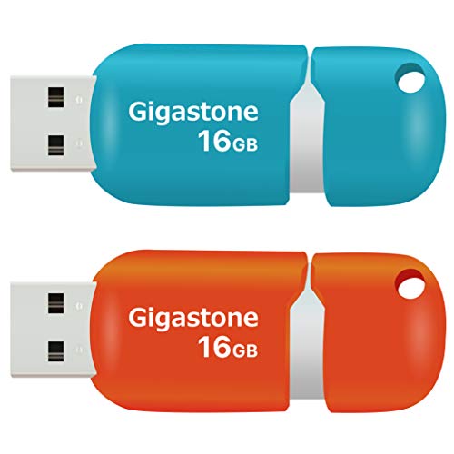 Gigastone V10 16GB 2 Pack USB2.0 Flash Drive Thumb Drive Memory Stick Pen Drive Capless Retractable Design (Blue&Orange)