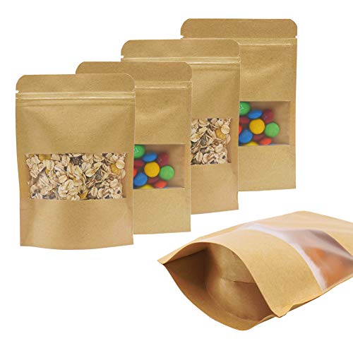 100pcs Kraft ZipLock Bags 3.9 x 5.8 Inch Resealable, Paper Stand Up Sample Pouches with Window for Food Coffee Bath Soak Storage