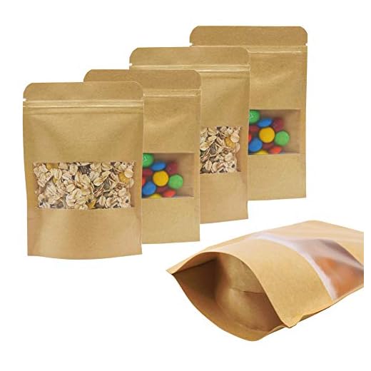 100pcs Kraft ZipLock Bags 3.9 x 5.8 Inch Resealable, Paper Stand Up Sample Pouches with Window for Food Coffee Bath Soak Storage