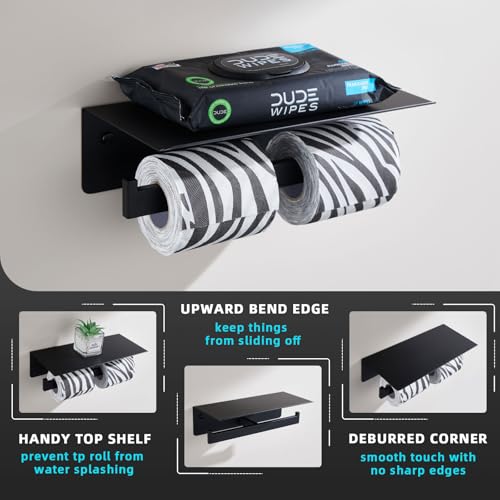 Image of Angle Simple Matte Black Toilet Paper Holder with Shelf, Tissue Roll Holder