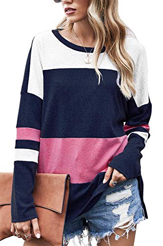 Odosalii Langarmshirt Sweatshirt mit Streifen Pullover Casual Shirt Rundhals Lose Oberteil Tunika Tops (B-Navy blau, Large) Cover