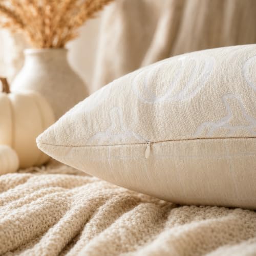 Image of Fall Pumpkin Throw Pillow Covers 22x22 Set of 2, Reversible Jacquard Chenille Cushion Cases Pumpkin Front Plaid Back, Cozy Farmhouse Autumn Decor for Living Room Sofa Couch Bed(Beige,22x22)