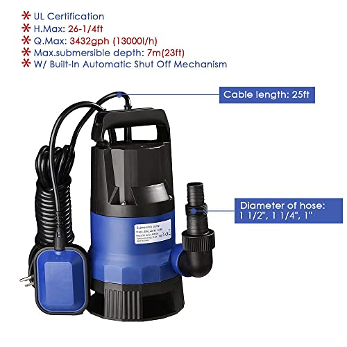 Yescom 1Hp Submersible Water Pump 3434Gph 750W Clean/Dirty Water Pumps With Automatic Float Switch For Swimming Pool Garden Tub Pond Flood Drain #TOP6
