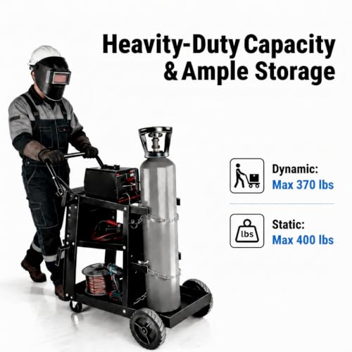 Image of Welding Cart, 3-Tier Heavy Duty Welder Cart with 400LBS Load Capacity, 360 Swivel Wheels with Dual Cylinder Slots & Safety Chains, Rolling Cart for Welders & Plasma Cutters