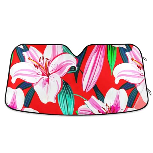 Parasol para parabrisas de coche, color blanco, rosa, flores rojas, cubierta plegable para parabrisas de coche, cubierta de ventana delantera (53 x 23.5 pulgadas)